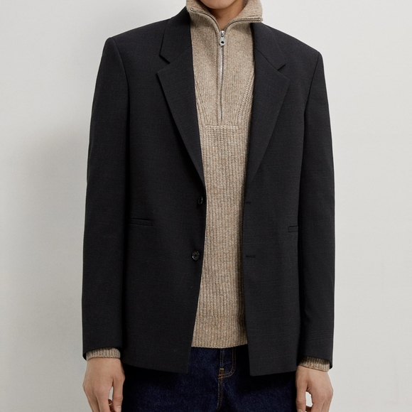 NEW ZARA Charcoal Gray Textured Plaid Check Classic Fit Blazer M